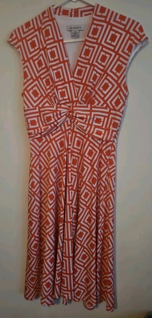 Liz Claiborne Dress Womens Sz 6 Orange/White Folded Vneck knot at waist